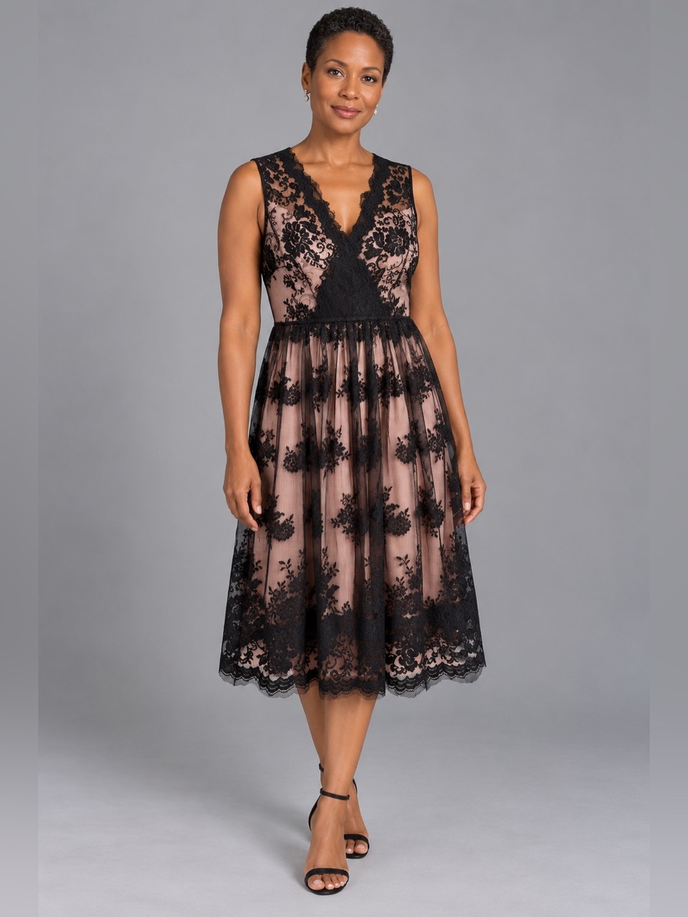 Black Floral Lace Blush Midi Cocktail Dress Size 10 NWT